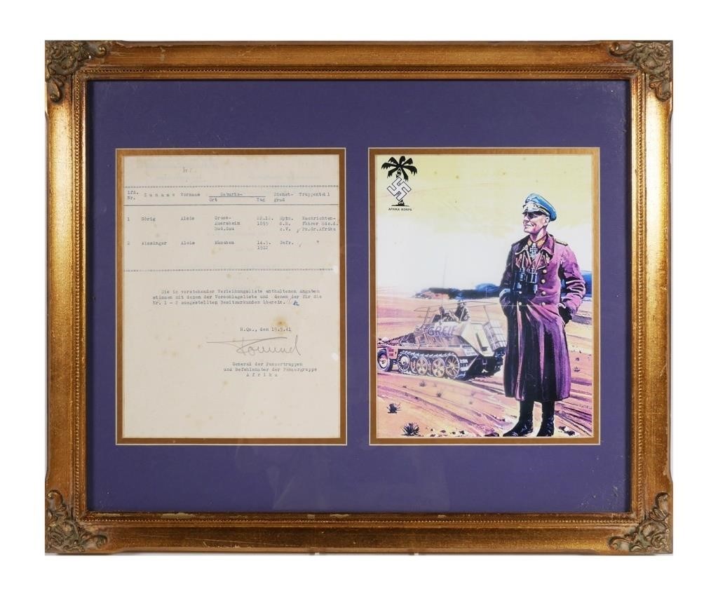 Appraisal: Framed presentation of a document pencil signed by Rommel The