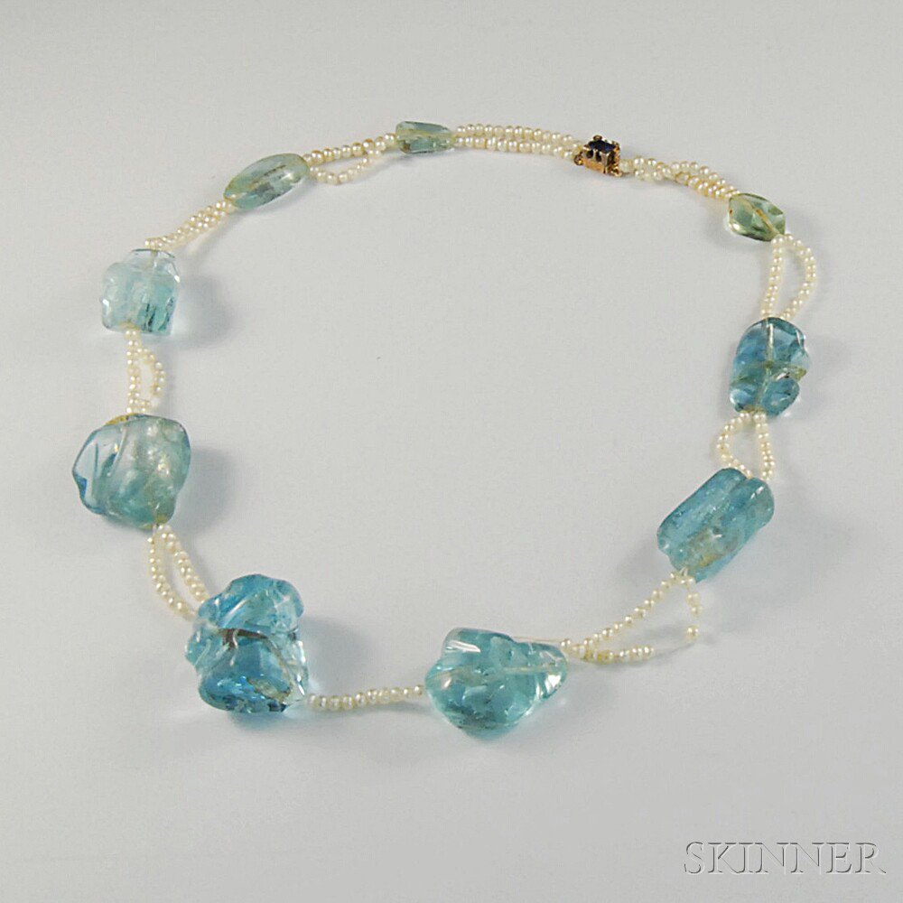 Appraisal: Aquamarine Bead and Pearl Necklace the nine tumbled beads graduating