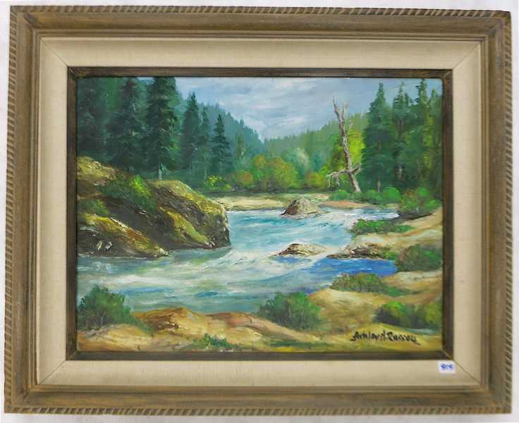 Appraisal: ASHLEY H RUSSELL OIL ON CANVASBOARD Oregon - River landscape