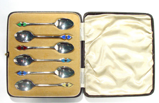 Appraisal: Set of six Art Deco silver teaspoons with coloured enamelled