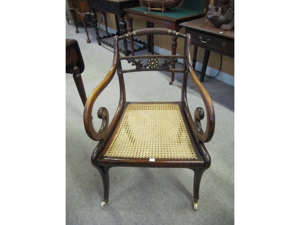 Appraisal: Regency rosewood carver armchair with bergere seat