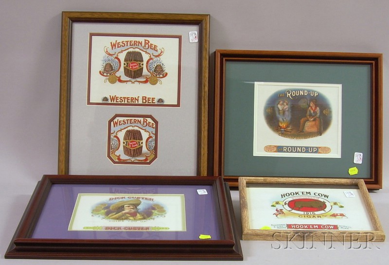 Appraisal: Five Framed s- s Chromolithograph Cigar Box Labels Hook'em Cow