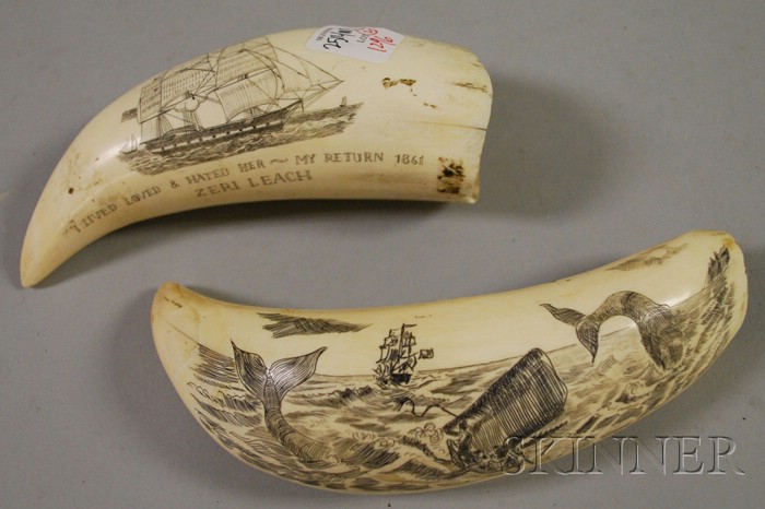 Appraisal: Two Scrimshaw-decorated Whale's Teeth one tooth depicting the whale ship