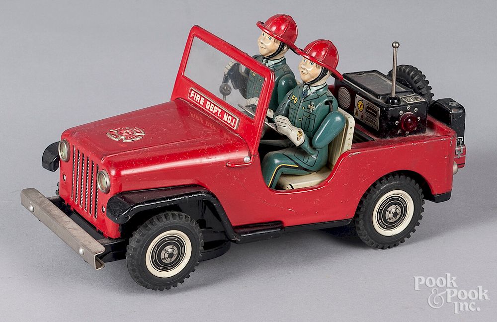 Appraisal: Japanese tin litho battery Fire Dept Jeep Japanese tin litho