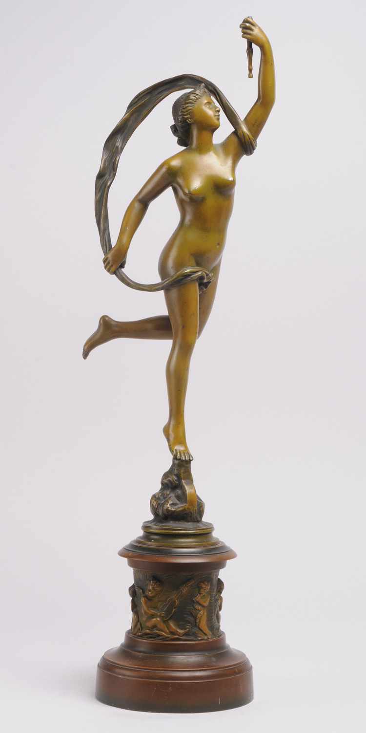 Appraisal: MUSTARD PATINATED METAL FIGURE OF DIANA AFTER GIAMBOLOGNA The nude