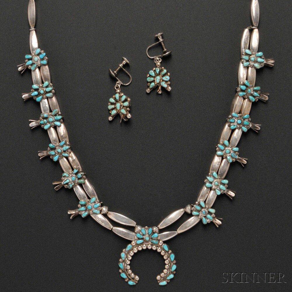 Appraisal: Zuni Silver and Turquoise Squash Blossom Necklace with Matching Earrings