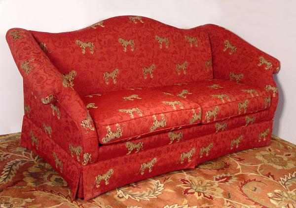 Appraisal: SHERRILL FURNITURE TIGER DECORATED RED CAMEL BACK SOFA '' h