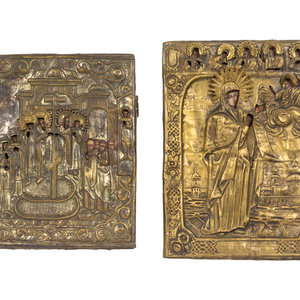 Appraisal: Two Russian Brass Oklad Icons Exaltation of the Cross and