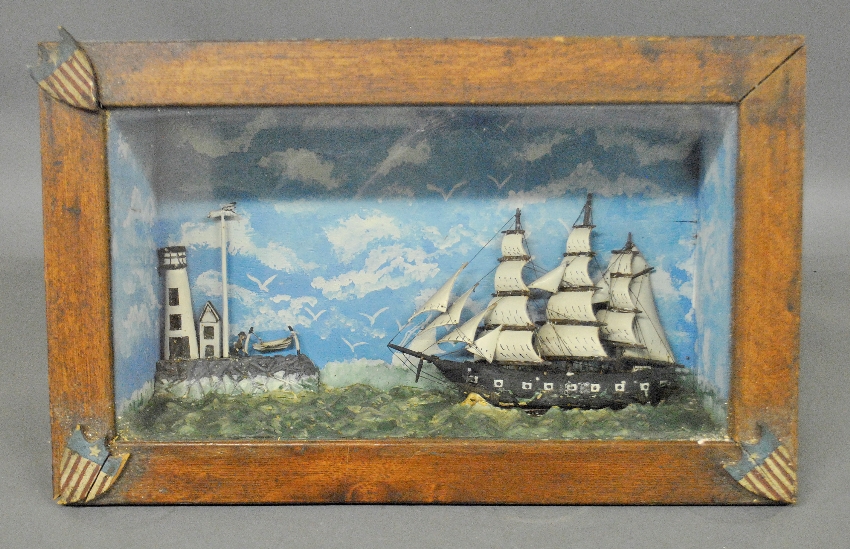 Appraisal: - Oak cased diorama of a sailing frigate ship late