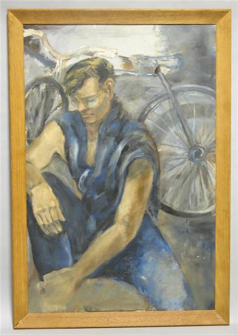 Appraisal: BIKER Oil on canvas board x in Framed signed mid