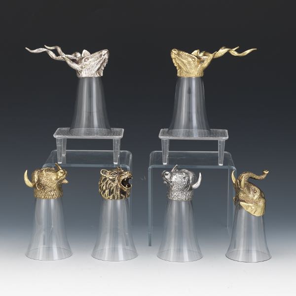 Appraisal: SIX VALENTI VINTAGE GOLD AND SILVER TONE ANIMAL HEAD GOBLETS