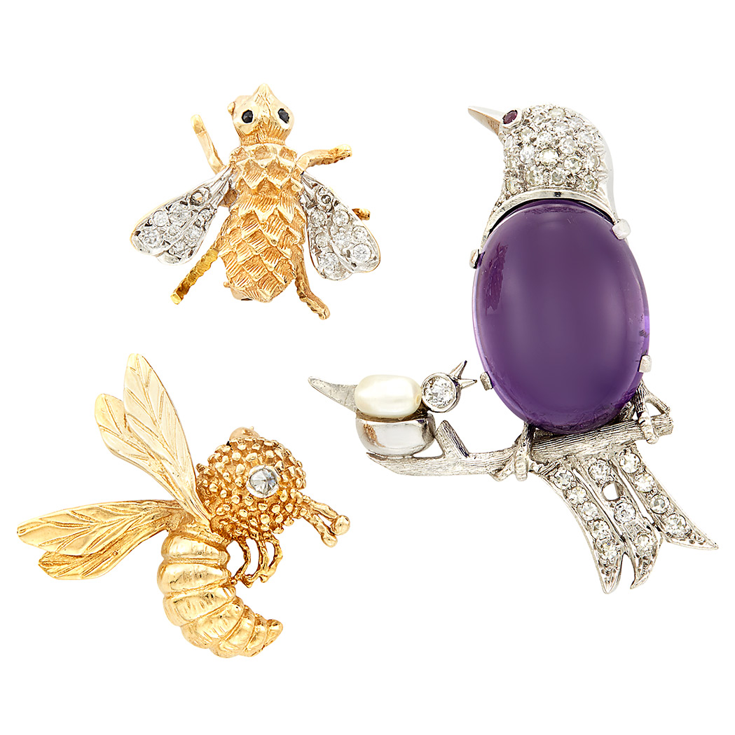 Appraisal: White Gold Cabochon Amethyst Diamond and Biwa Pearl Bird Brooch