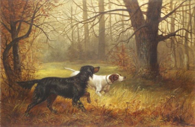 Appraisal: HILL J L Oil on Canvas Hunting Dogs Signed lower