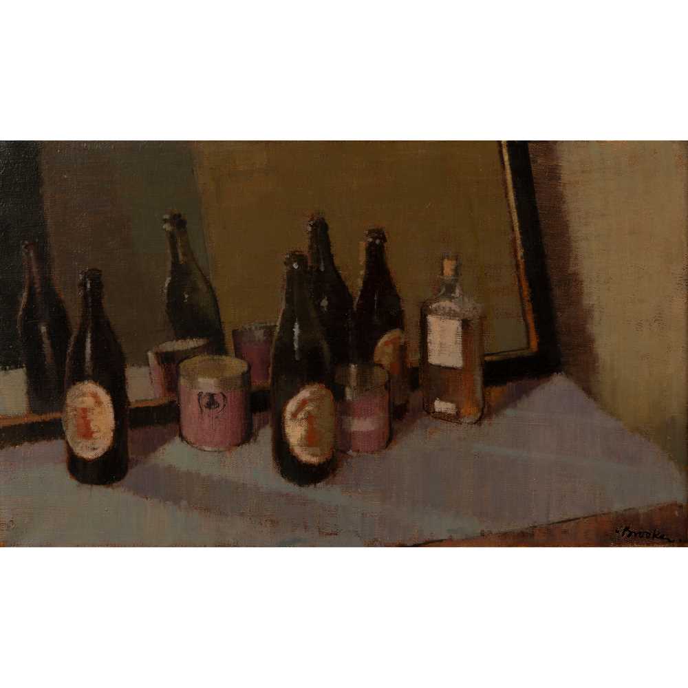 Appraisal: WILLIAM BROOKER BRITISH - BOTTLES ON A TABLE signed lower