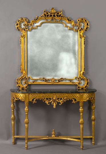 Appraisal: Italian-Style Giltwood and Marble-Top Side Table and Mirror the bowed