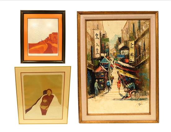 Appraisal: Three mid-century artworks Norma Andraud American b two color aquatints