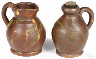 Appraisal: Miniature redware pitcher and jug th c with yellow and