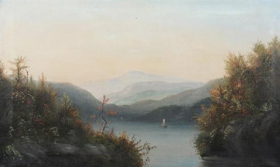 Appraisal: HUDSON RIVER SCHOOL th century RIVER VALLEY LANDSCAPE WITH SAILBOATS