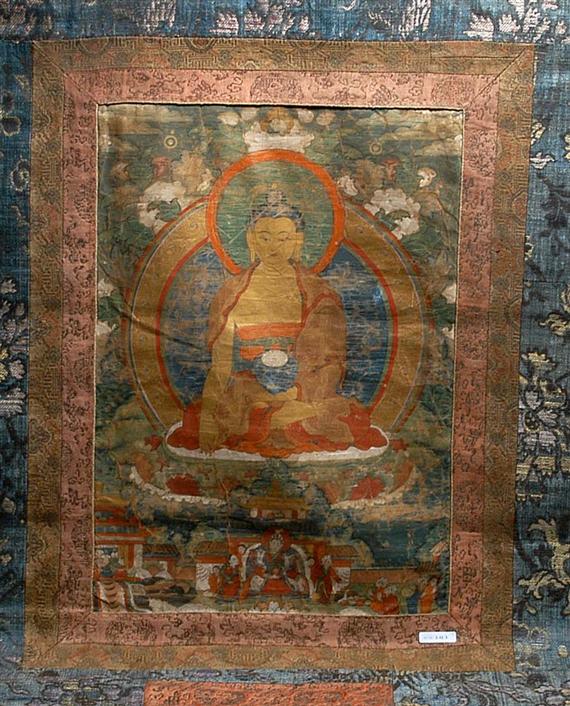 Appraisal: A THANGKA DEPICTING SHAKYAMUNI Mounted on brocade Tibet circa x