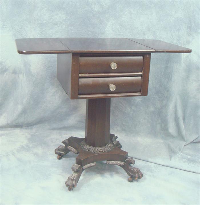 Appraisal: Carved mahogany Federal Revival drawer drop leaf sewing stand with