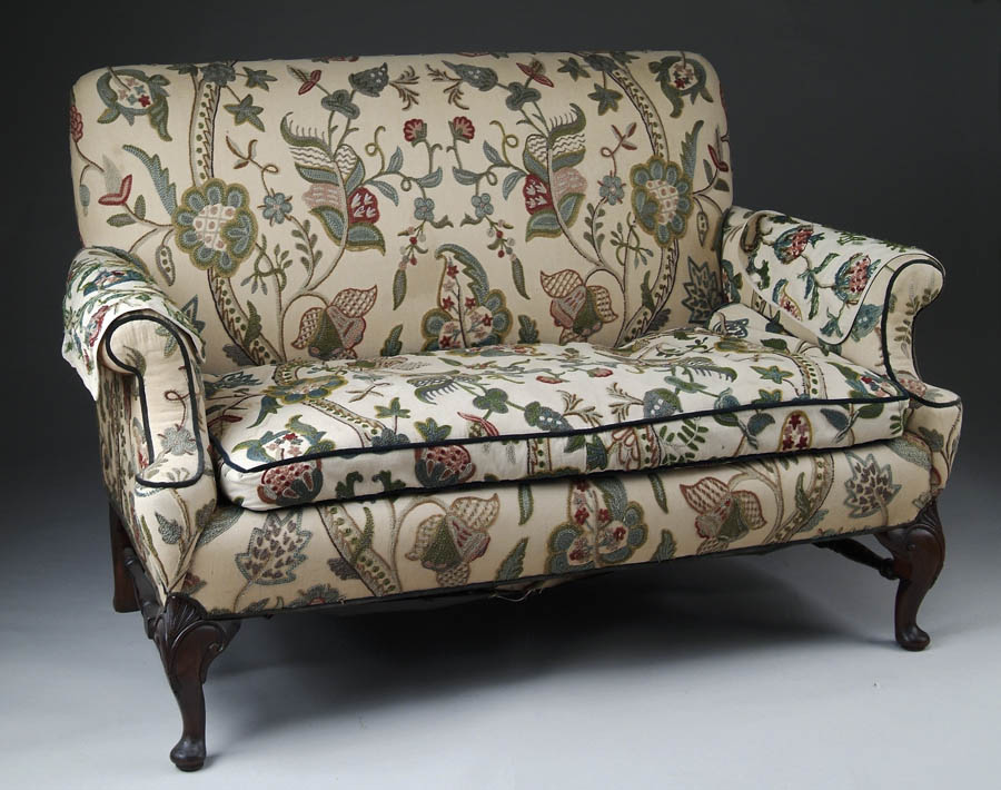 Appraisal: FINE ENGLISH SMALL SETTEE WITH CREWEL UPHOLSTERY FROM THE JOSEPH