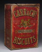 Appraisal: ANTIQUE CARLISLE BISCUIT TIN The paper covered hinged lid country