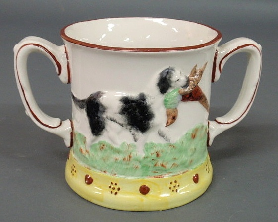 Appraisal: Staffordshire frog mug with raised relief birddog decoration h x