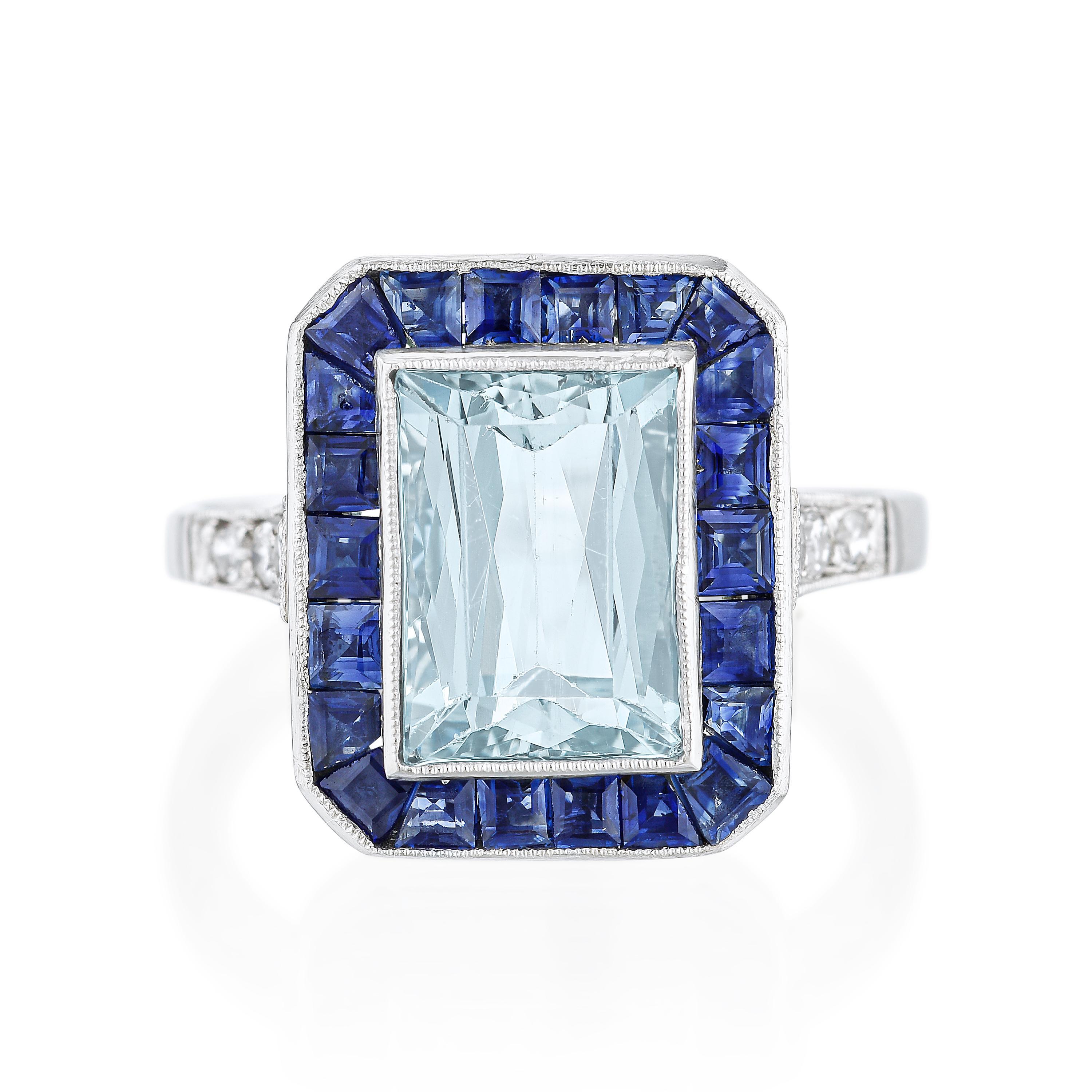 Appraisal: AQUAMARINE AND SAPPHIRE RING METAL platinum GEMSTONE S rectangular faceted