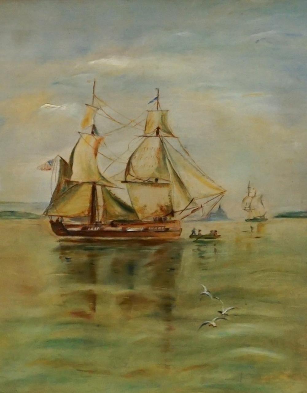 Appraisal: American or British School Frigates in Port Oil on Panel