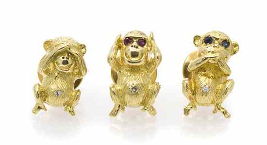 Appraisal: A Set of Karat Yellow Gold and Multi Gem Monkey