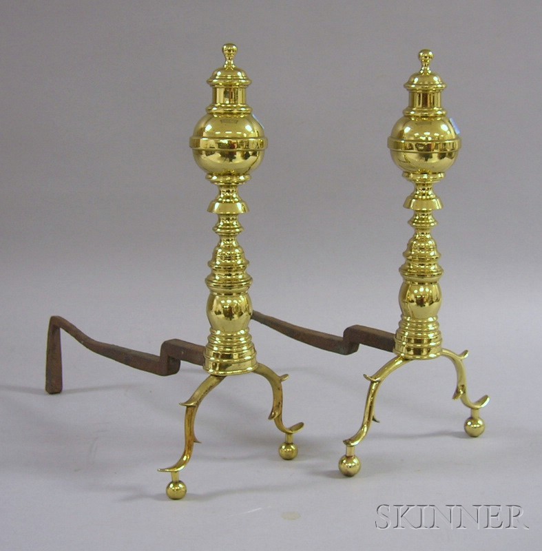 Appraisal: Pair of Brass Ring-turned Andirons ht in