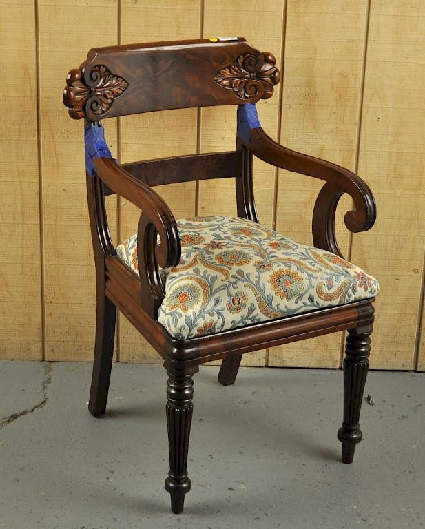 Appraisal: Regency Carved Mahogany Arm Chair with foliate carved crest rail