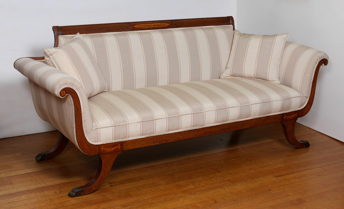 Appraisal: FINE INLAID SHERATON SOFA Fluted and inlaid shaped top rail