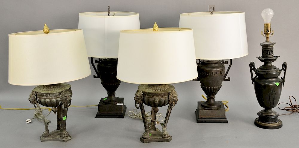 Appraisal: Group of five iron and bronze lamps to include a