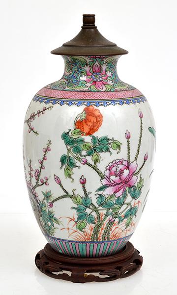 Appraisal: CHINESE PORCELAIN ENAMELLED FAMILLE ROSE VASE CONVERTED TO LAMP BASE