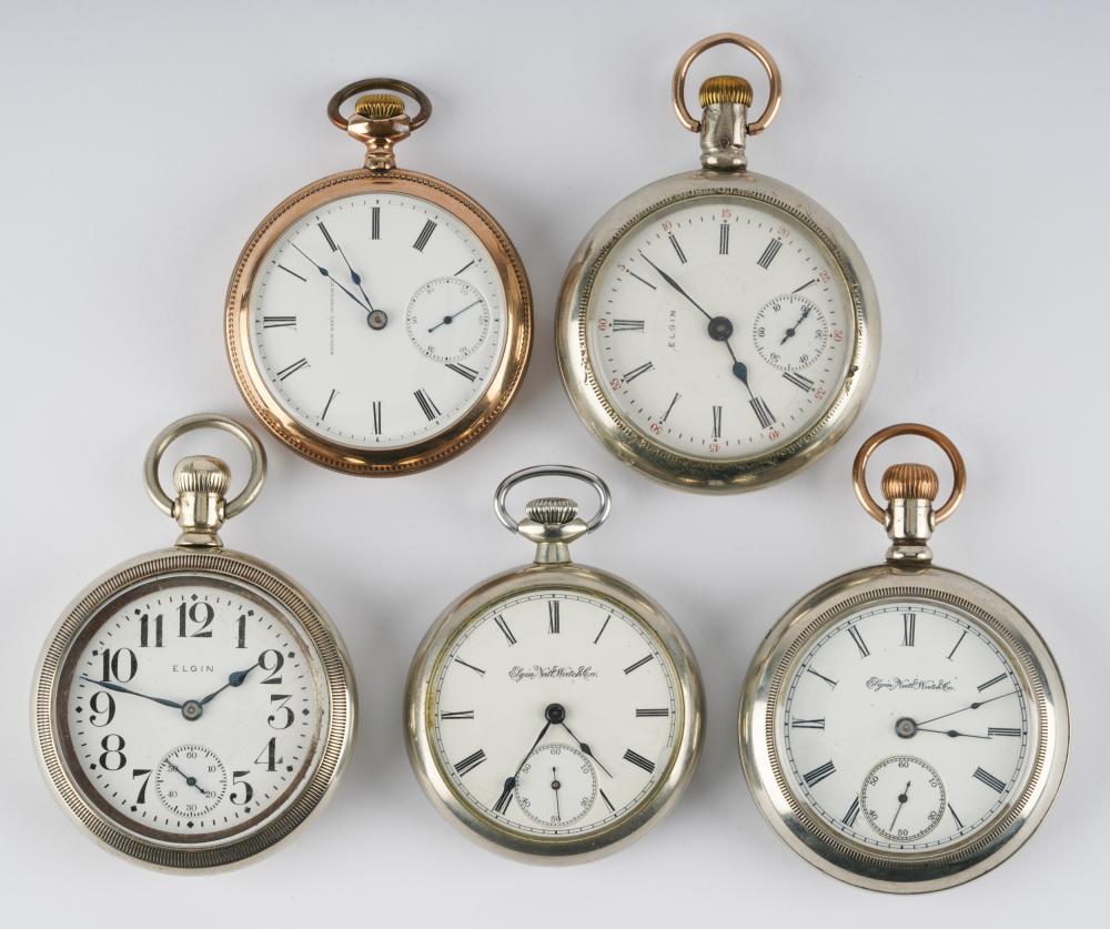 Appraisal: FIVE ELGIN POCKET WATCHES Silveroid three-piece case serial with wear