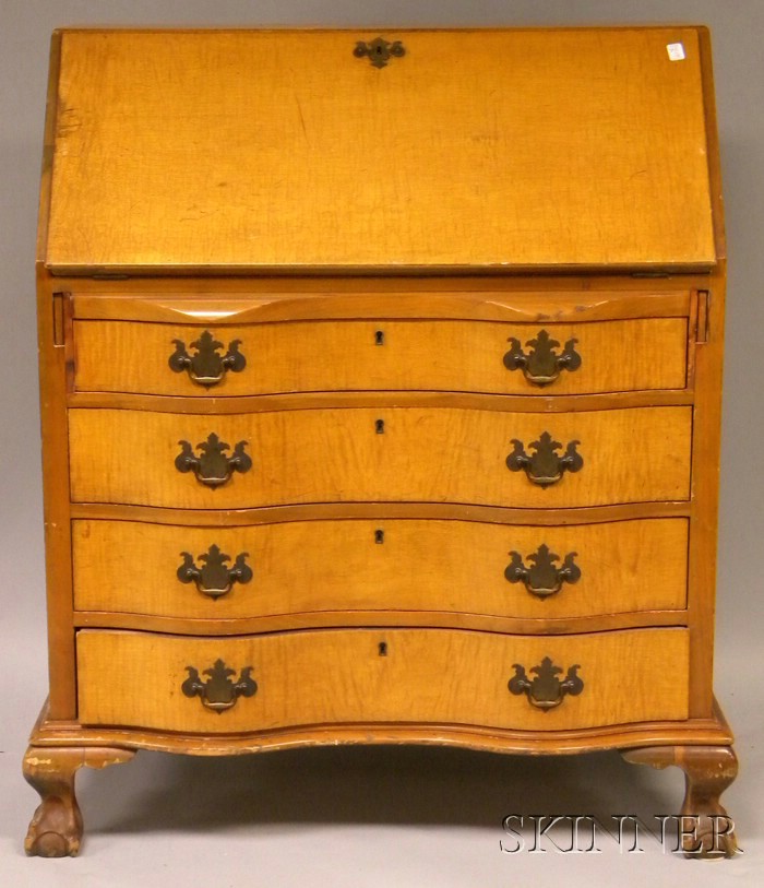 Appraisal: Chippendale-style Tiger Maple Veneer Slant-lid Serpentine Desk wd in