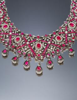 Appraisal: A Silver Topped Gold Burmese Ruby and Diamond Bib Necklace