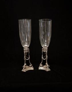 Appraisal: PAIR OF REGENCY STYLE SILVER CANDLESTICKS WITH CRYSTAL HURRICANE SHADES