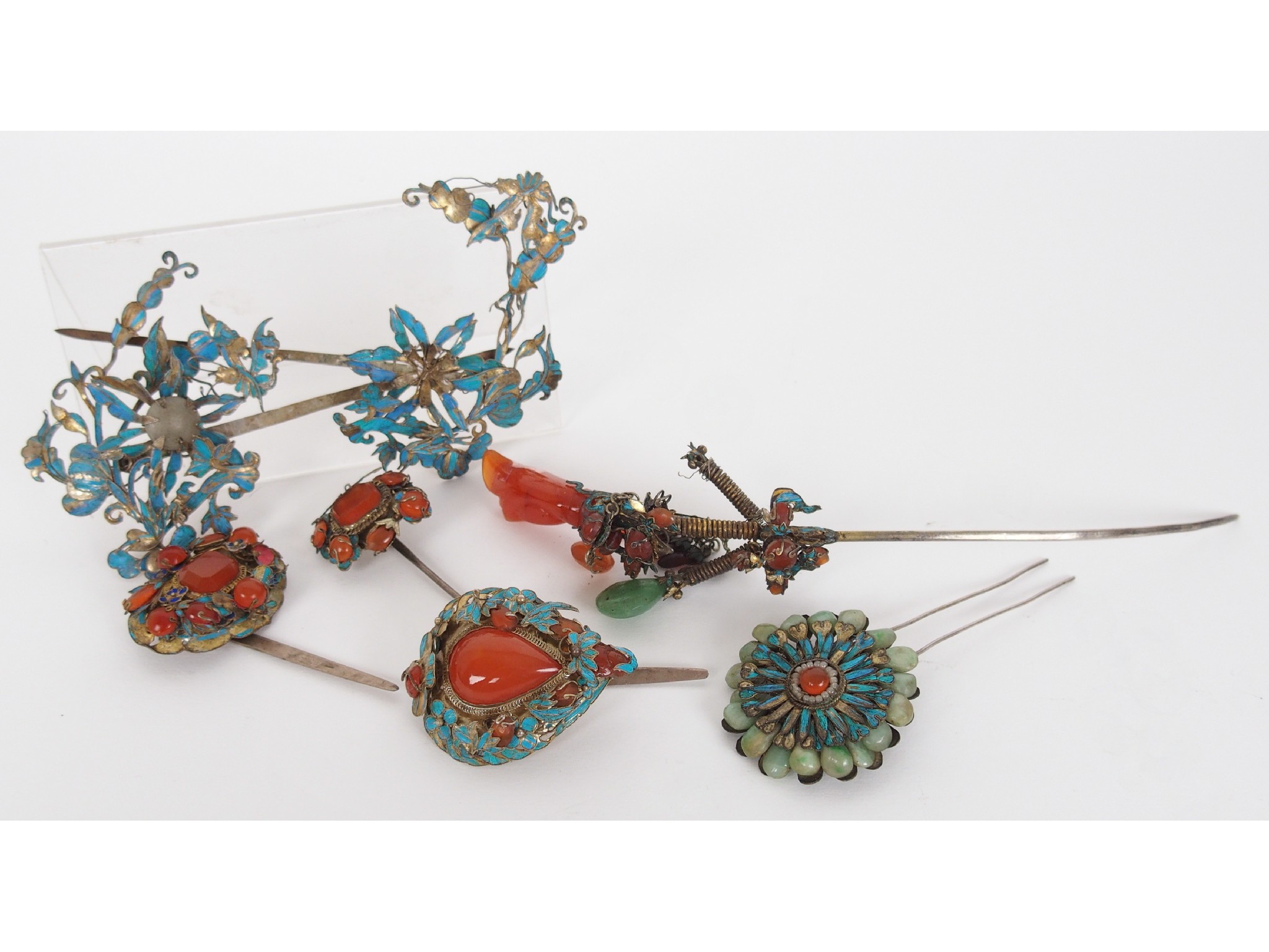 Appraisal: Seven Chinese silver gilt enamel and gem set hair pinsof