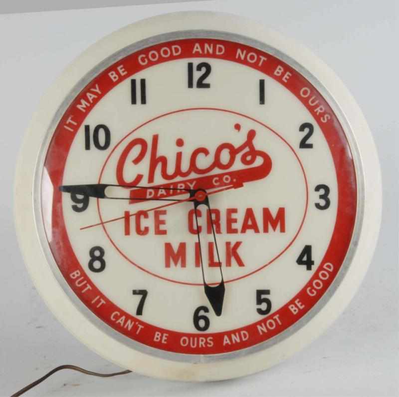 Appraisal: Chico's Ice Cream Electric Advertising Clock Description Working Condition Excellent