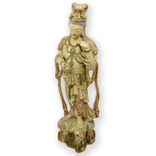 Appraisal: Chinese Ming Style Polychrome Carved Wood Standing Guanyin Sculpture Natural