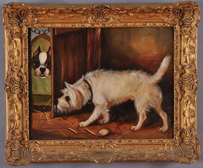 Appraisal: ENGLISH SCHOOL TWO TERRIERS Oil on canvas x in initialed