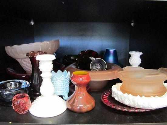 Appraisal: ONE SHELF OF ASSORTED GLASS INCL MILK GLASS VICTORIAN LIGHT