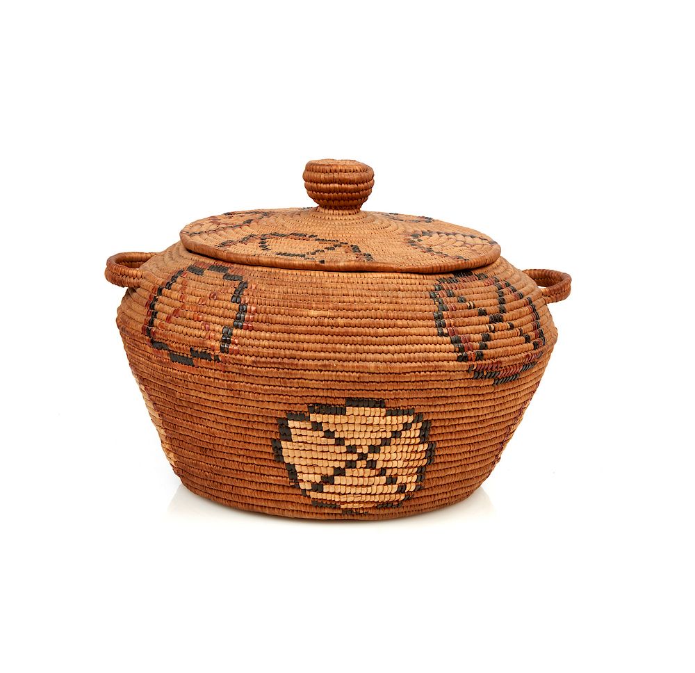 Appraisal: Northwest Covered Basket Northwest covered handled basket and knob handle