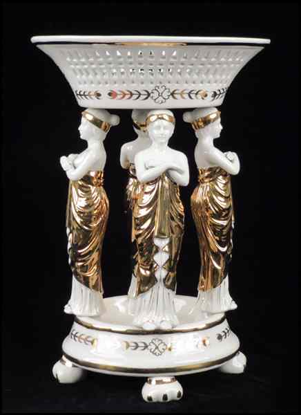 Appraisal: NEOCLASSICAL STYLE GILT PORCELAIN FIGURAL CENTERPIECE Comprised of a reticulated