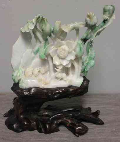 Appraisal: Carved Floral Jadeite on Wooden Stand From a Bronx NY