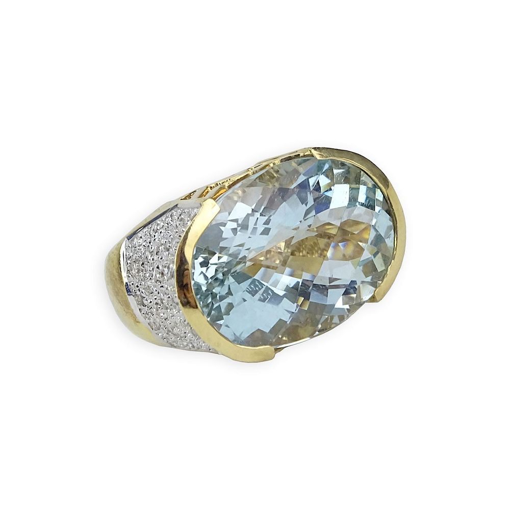 Appraisal: Aquamarine Diamond and K Gold Ring Oval Criss Cross Cut