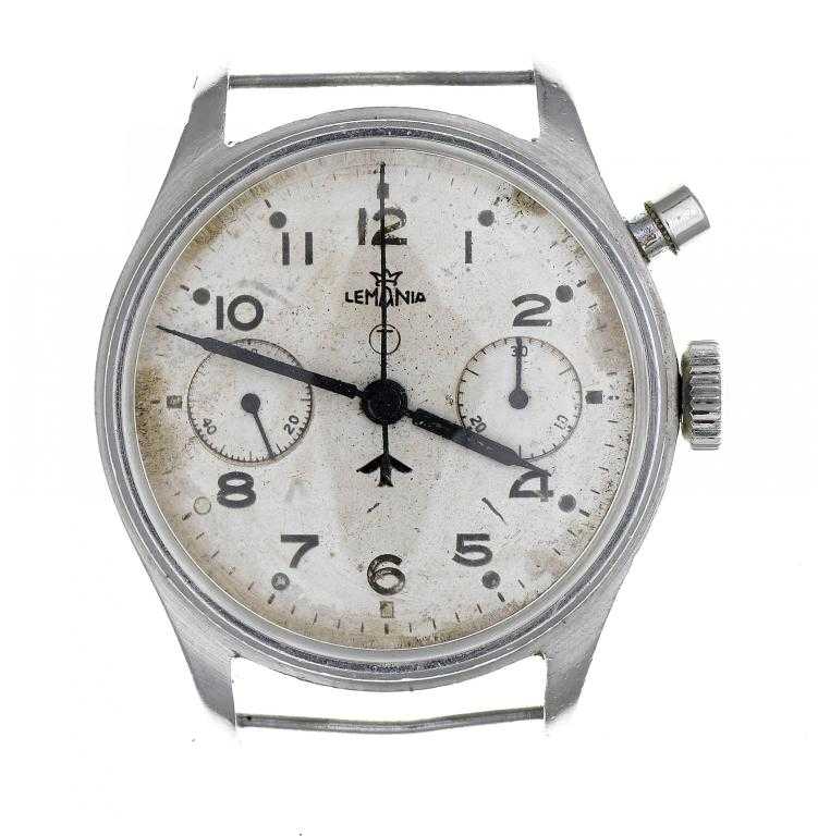 Appraisal: A LEMANIA STAINLESS STEEL MILITARY ISSUE SINGLE BUTTON CHRONOGRAPH WRISTWATCH