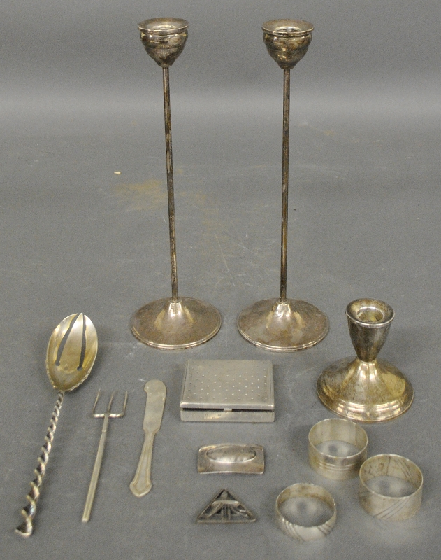 Appraisal: - Miscellaneous grouping of silver to include sterling weighted candlesticks